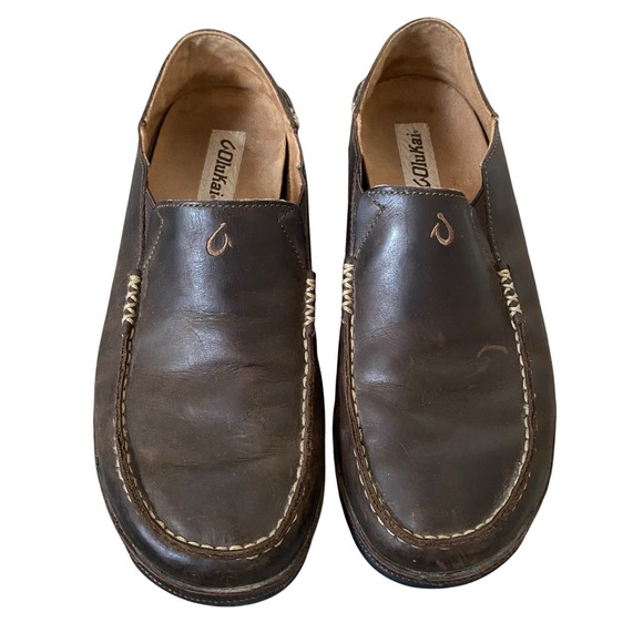 Olukai Moloa Slip On Shoes Men 10 EU 43 Brown Leather Loafer  Fold Down Heel - Picture 3 of 13